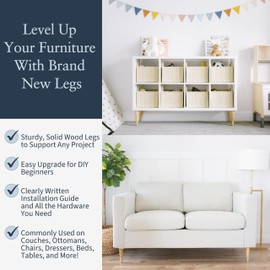 Ash Wood Furniture Legs With Gold Caps - Mid Century Legs For Sofa, Chair, Table, Dresser, Bed, Cabinet, Ottoman - Wooden Legs Are Easy To Install & Include Installation Hardware - Set of 4, 6 Inches