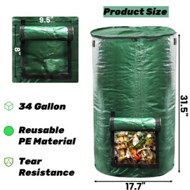 Tlence 4 Pack Reusable Waste Bags, 34 Gallon Yard Garden Bag with Zipper Lid, Heavy Duty Lawn Leaf Container with Handles, Compost Bins Outdoor for Loading Trash Debris Leaves Grass Clippings