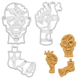 Set of 3 Zombie cookie cutters (Designs: Zombie Head, Heart in Zombie Hand, & Zombie Foot), 3 pieces - Bakerlogy