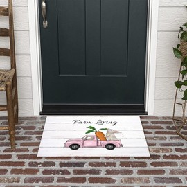 Nintydays Happy Easter Door Mat High Traffic Area Coconut Coir Floor Mats Lovely Rabbit Eggs Bunny Buffalo Plaid Trunk Sunflower Traps Dirt with Heavy Duty Backing Non-Slip Wedding Easter Gift 16x24