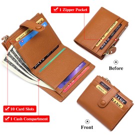 FALAN MULE Women's Wallet RFID Blocking Genuine Leather Compact Bi-fold Small Wallet Card Case with Zipper Coin Pocket Purse