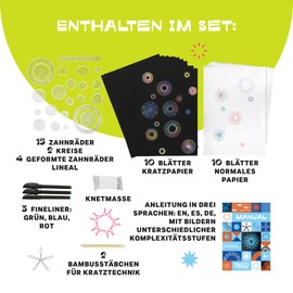 CRAFTY CATS Spirograph 47-Piece Deluxe Kit with Scratch Pictures, Mandala Drawing Stencils, Bamboo, Multifunctional Spiral Designer, Children from 8 Years