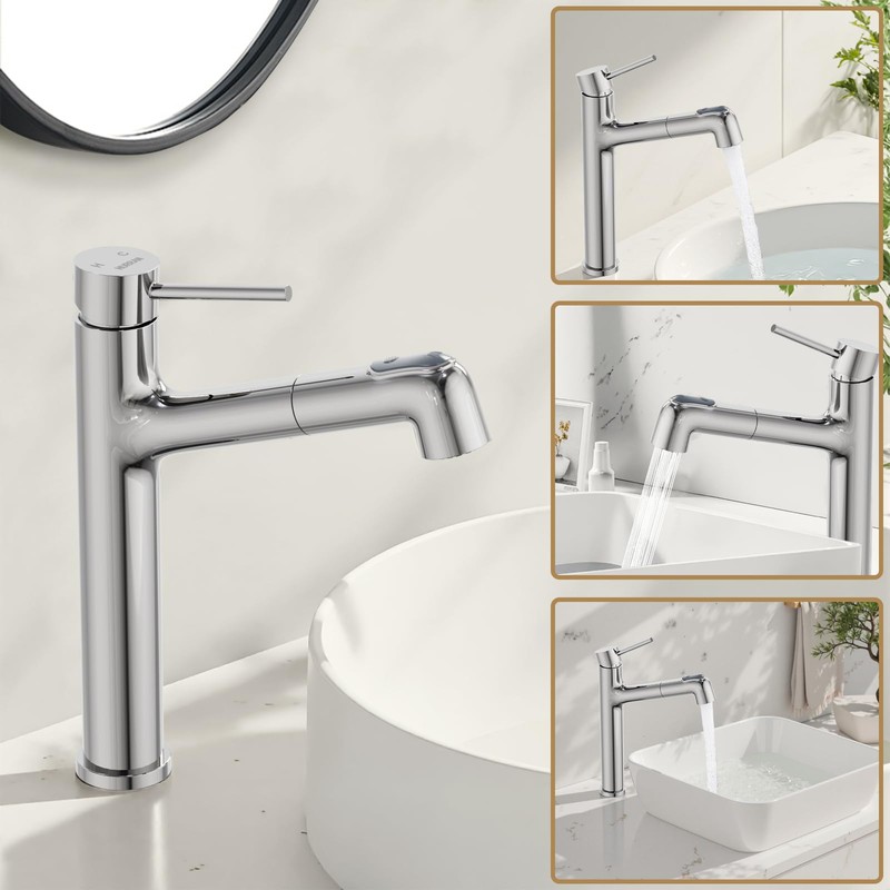 Vessel Sink Faucet with Pull Out Sprayer, Hurran Tall Bathroom