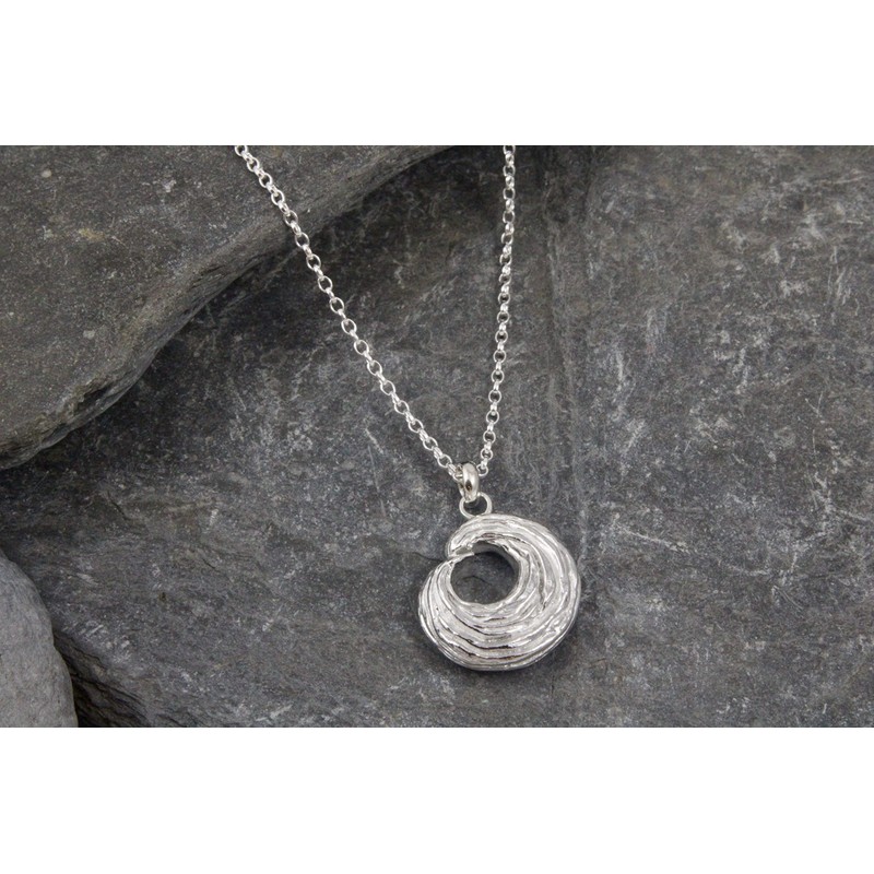 Large Wave Pendant, Sterling Silver, handmade in Cornwall
