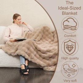 Throw Blanket Faux Rabbit Fur,Super Heavy Warm Cozy Brown Bed Blankets for Couch Sofa, Reversible Plush Warm Fleece Fluffy Blanket for Winter, Luxury Cute Cozy Furry Blanket for Bed,50" x 60"