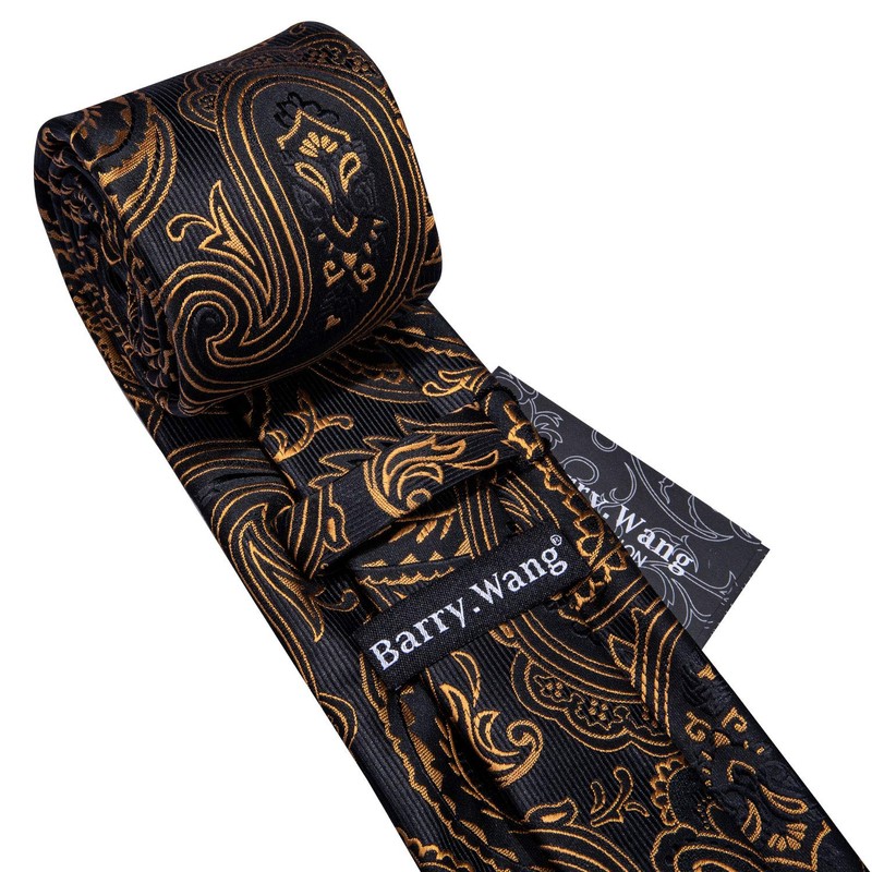 Barry.Wang Black and Gold Ties Paisley Necktie Set Wedding Formal
