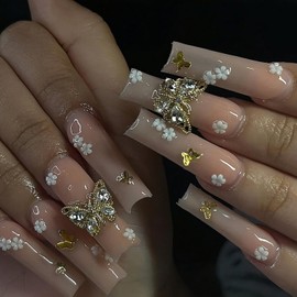 Square Shaped Press on Nails Long Fake Nails Handmade 3D Gold Butterfly Fake Nails Design Little White Flower Press on Nails Full Cover Acrylic Nails Pink Stick on Nails for Women Nail DIY 24 Pcs