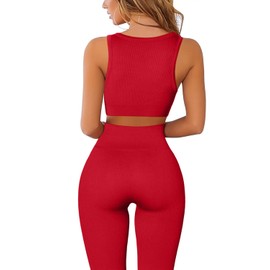 QINSEN Workout Outfits for Women 2 Piece Ribbed Seamless Crop Tank High Waist Yoga Leggings Sets Red M