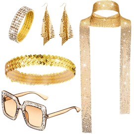 NebulaGlam 70s Disco Accessories Disco Accessories Costume Glitter Sequin Cuffs, Disco Sunglasses Earrings Bracelet and Headband, 70s 80s Outfit Women for Carnival (Gold), gold