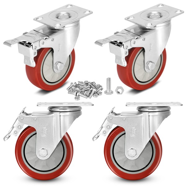4 inch Heavy Duty Casters Load 1800lbs,Lockable Bearing Caster Wheels with Brakes,Swivel Casters for Furniture and Workbench，Set of 4 (Free Screws)