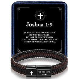 Alissl Gift for Men Dad Husband Boyfriend Son Grandson Braided Leather Forever Linked Together Stainless Steel Engraved with You are Never Alone Jewelry joshua 1 9