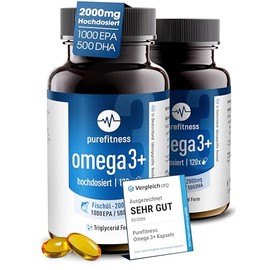 Purefitness Omega 3 Capsules High Dose | 2000 mg Fish Oil with 1000 mg EPA & 500 mg DHA | 2 Capsules Daily | 2 x 120 Softgels Triglyceride Form | Clean Label | Laboratory Tested in Germany