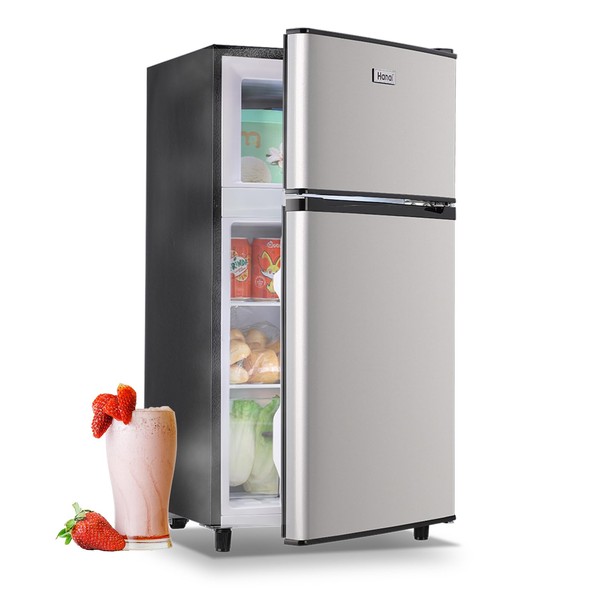 WANAI Mini Fridge with Freezer, 3.5 Cu.Ft Double Door Compact Refrigerator Freezer-on-Top, Small Freestanding Fridge Freezer with 7 Adjustable Thermostat for Bedroom Office Dorm Apartment, Silver