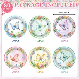 Wiooffen 80Pcs Butterfly Birthday Paper Plates Party Supplies 9Inch Spring Butterfly Floral Tableware Girl Baby Shower Dessert Plate Disposable Dinnerware Decorations for Bridal Wedding Tea Party