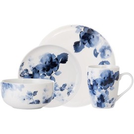 Pemberly Row Modern Porcelain Dinner Set 16 Piece Midnight Roses