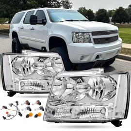 Aresparts Headlights Assembly With Bulbs and Harness For 2007-2014 Chevy Tahoe Suburban 1500 2500/2007-2013 Chevy Avalanche 1500 LT LS LTZ Replacement Headlamps Chrome Housing Clear Reflector