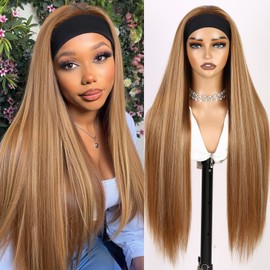 WIGNEE 32 Inch Long Straight Headband Wig Honey Blonde Synthetic Wigs for Black Women Glueless Half Wig Heat Resistnt Fiber Daily Part Use