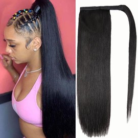 SAKALAKA Ponytail Extension Human Hair Clip in Pony Tail Hair Extensions for Black Women Straight Thick Natural Looking Hair Pieces Straight Human Hair Ponytail（24Inch）