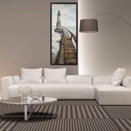 Oakland Living Hand Painted Acrylic Vintage Light House 32 x 71 Rectangular Black Wooden Frame Canvas Wall Art, Large, Grey