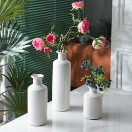 Whtie Ceramic Vases Set of 3, Modern Rustic Farmhouse Home Decor, Small Flower Vases for Decor, Farmhouse Vase for Living Room, Fireplaces Decor, Bookshelf, Table Decoration