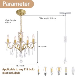 Chanlited Plug in Modern 5-Light Gold Chandelier with Glass Crystals, Candle Style Pendant Light Fixtures for Living Room, Girls Room, Kitchen Island, Entryway