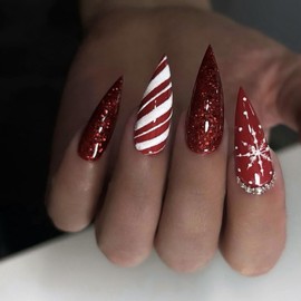 Christmas Press on Nails Red Long Stiletto Fake Nails with Red Glitter Design Snowflake Glue on Nails Stripes Stick on Nail Glossy Reusable Rhinestone Winter False Nail for Women Girls Manicure