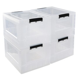 Sandmovie 32 Quart Clear Plastic Folding Storage Bin, Clear Latch Totes with Lids, 4 Pack