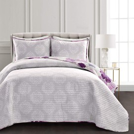 Lush Decor Leah 3 Piece Quilt Set, Gray & Purple, Full Queen