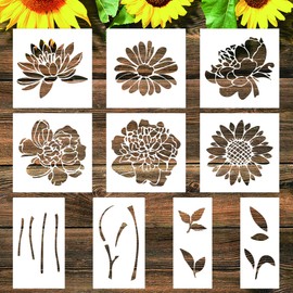 Large Flower Stencils,10 Pcs Flower Wall Stencils for Painting on Wood Fence Wall Mural,Sunflower & Peony Designs