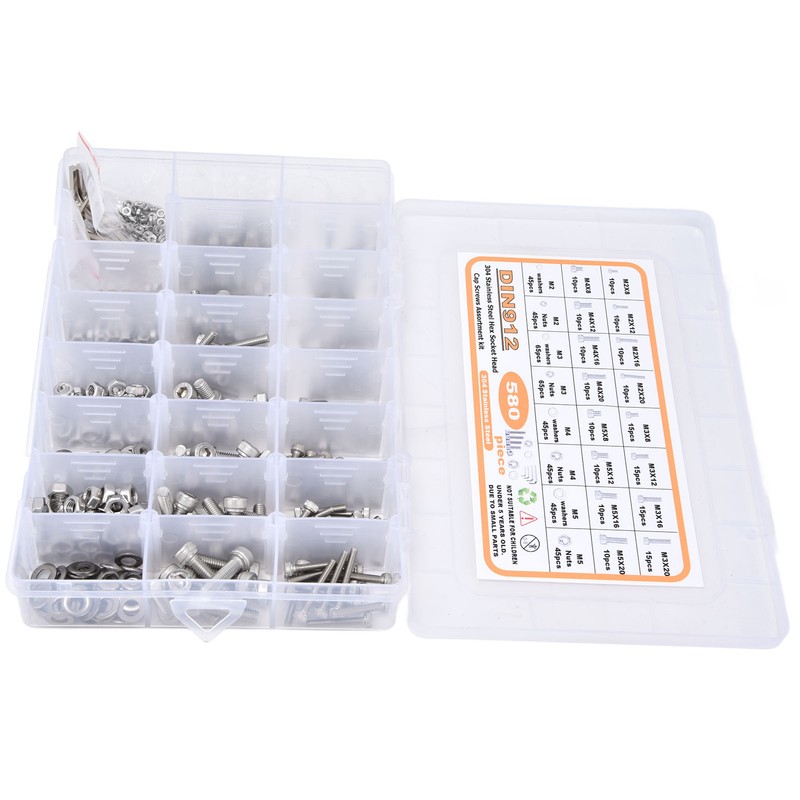 580Pcs Screws Nuts Washers Kit 304 Stainless Steel Cylindrical Head