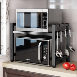 ZrgGea Microwave Stand, Microwave Oven Rack, Expandable Microwave Stand Countertop Kitchen Utensils Tableware Storage, Carbon Steel Over Microwave Shelf Countertop with 6 Hooks