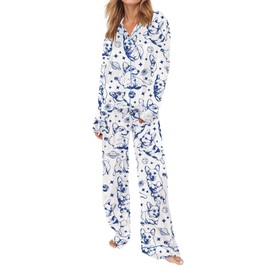 SHESHOW Silk Satin Pajamas for Women Set Long Sleeve Sleepwear Button Down Loungewear Cute Dog Pj Sets for Woman White S