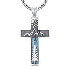 Flpruy Turquoise Cross Necklace for Men 925 Sterling Silver Western Cross Pendant Necklaces Mountain Cross Necklace Turquoise Western Jewelry Gifts for Men Women