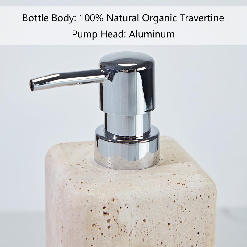 Ivory Travertine Soap Dispenser, Refillable Bathroom Liquid Dispenser with Stainless