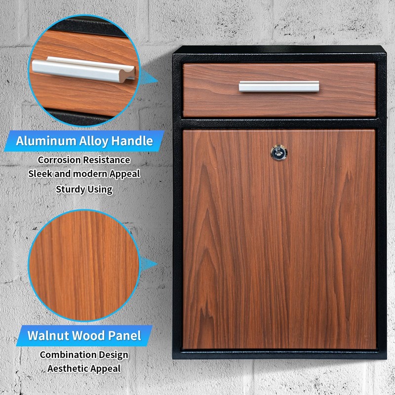 xhlokk Locking Wall-Mount Mailbox, Wood Vintage Metal Mailboxes for Outside,