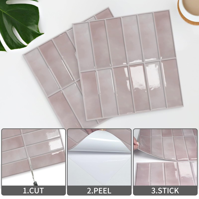 10 Sheets Subway Tile Peel and Stick Backsplash,12”×12”Pink Self Adhesive