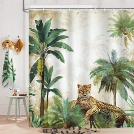 Bonhause Shower Curtain, Leopard in the Jungle, Tropical Palm Tree Shower Curtains, 180 x 180 cm, Anti-Mould, Waterproof, Polyester Fabric, Washable Bathroom Curtain for Bathroom with 12 Hooks