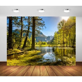 Loccor 5x3ft Fabric Forest Lake Backdrop Summer Tranquillity Green Forest River National Park Lake Scenic Background Outdoor Hiking Travel Party Decorations Photo Studio Props