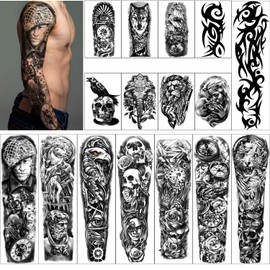 Full Arm Temporary Tattoos 8 Sheets and Half Arm Shoulder Waterproof Tattoos 8 Sheets, Extra Large Tattoo Stickers for Men and Women (22.83"X7.1")