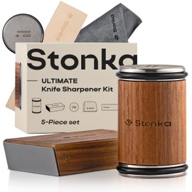 Stonka Walnut Rolling Knife Sharpener Kit – Dual-Grit Diamond Wheels Kit (400/1000), Easy to Use Knife Sharpener Roller with Magnetic Holder with 15° & 20°, Leather Strap