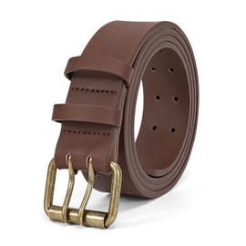 JasGood Men's Double Prong Leather Belt Casual Work Heavy Duty Belt Double Eyelets Belt for Jeans, G-brown (copper buckle)