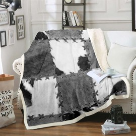 (Not Real) Cowhide Throw Blanket 40"x50", Patchwork Cow Fur Print Sherpa Blanket for Bed Sofa Couch, Farm Animal Soft Lightweight Fleece Blanket, Western Cowboy Farmhouse Flannel Blanket, Grey White