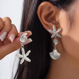 Starfish Stud Earrings for Women Gold Conch Seashell Starfish Earrings Summer Ocean Sea Scallop Shell Earring Statement Beach Jewelry (B2 Starfish Seashell Silver)