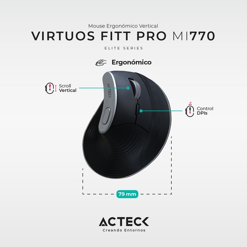 Acteck Mouse Ergonomico VIRTUOS Fitt Pro MI770 1600dpi Inalambrico 8