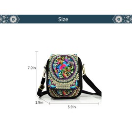BigBigMe Women Ethnic Embroidered Handmade Mini Canvas Crossbody Shoulder Boho Travel Handbag Cell Phone Purse Wallet, Multicolor, 5.9 * 1.9 * 7.0 inch