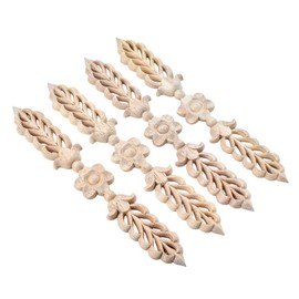 4PCS Unfinished Wood Appliques Onlays for Furniture Decoration, 24.5x3.5cm/9.65"x1.38", Leaf Flower Center Side Decal for Cabinet Bed Wall Ceiling Frame Corner Decoration