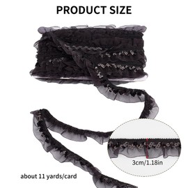 letsinstyle 11 Yards Organza Lace Fabric Sequin Ribbon, Chiffon Lace Edge Stretch Trim, Black Pleated Trimming for Sewing Package Wrapping Cloth Crafts Embellishments