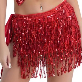 TZQFROCE Glitter Skirt Women's Sequin Skirt Belly Dance Fringe Skirt Glitter Glitter Skirt Belly Dance Costume Women for Women and Girls, red