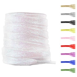 NDTEZUGT Flat Metallic Glitter Shoe Laces for Sneaker,5/16"(8mm) Sparkly Colorful Bling Sparkle Shoelaces Replacement Strings, White, 54"/140cm