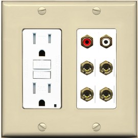RiteAV 4 Banana (2 Speaker) Binding Post Wall Plate with 2 RCA Jacks (Red+White) - GFCI Outlet [Ivory/White]